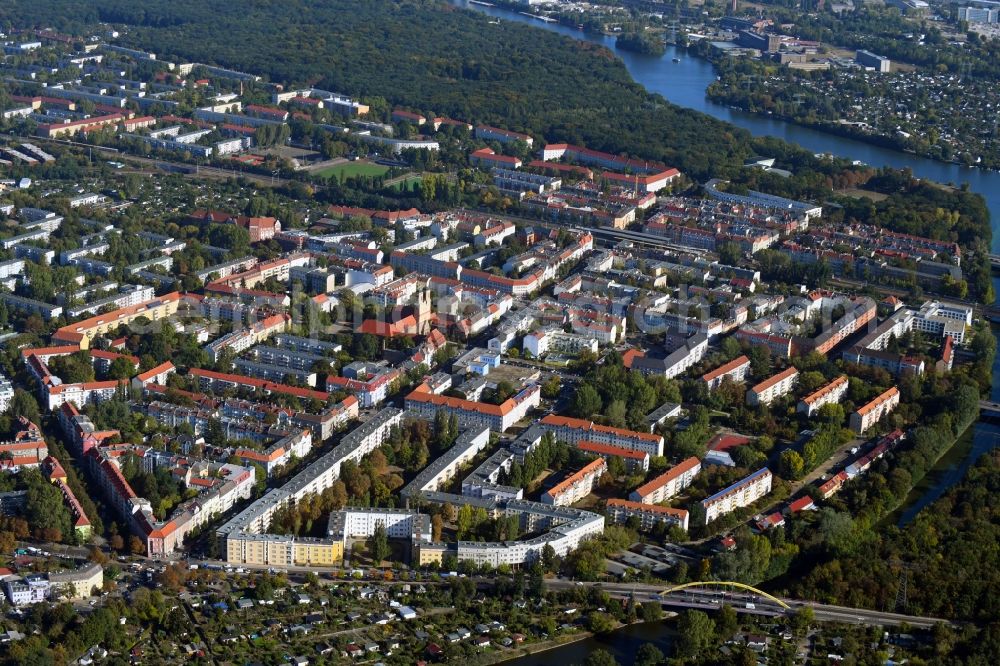 Berlin from above - Residential area of the multi-family house settlement Baumschulenstrasse in the district Baumschulenweg in Berlin, Germany