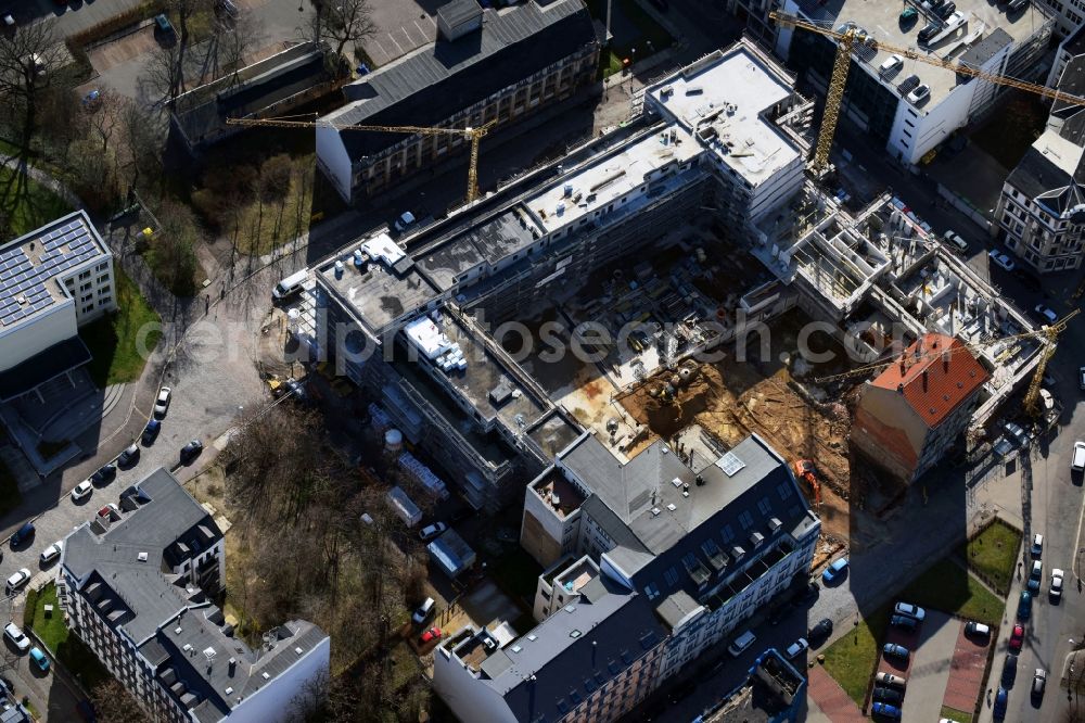 Leipzig from above - Residential area of a multi-family house settlement Buettnerstrasse of Ticoncept Bauprojektentwicklungs- and Vertriebs GmbH in the district Mitte in Leipzig in the state Saxony