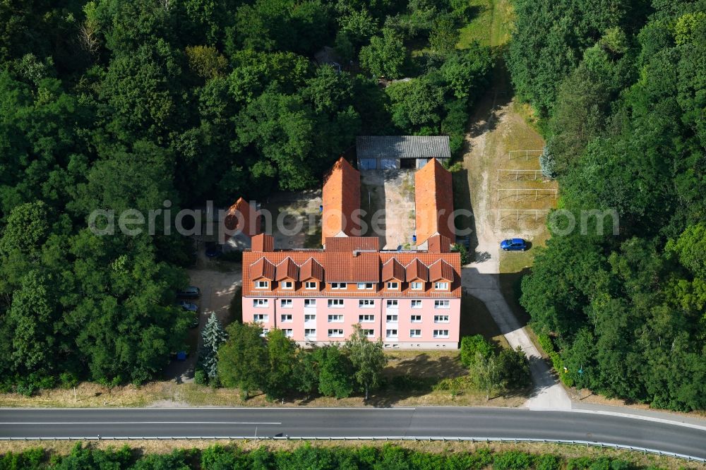 Falkenberg from above - Residential area of the multi-family house settlement on federal street B 167 in Falkenberg in the state Brandenburg, Germany