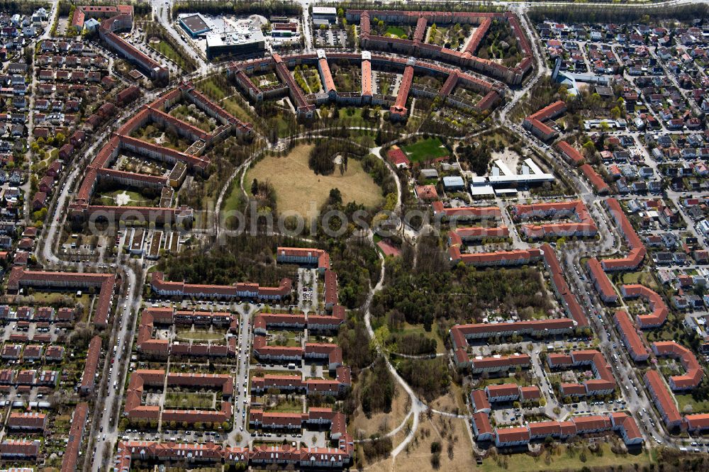 München from above - Residential area of the multi-family house settlement Carl-Orff-Bogen in Munich in the state Bavaria, Germany