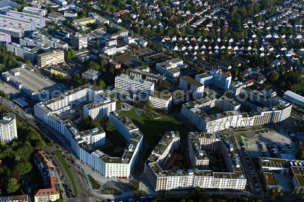 München from above - Residential area of the multi-family house settlement Christel-Kuepper-Platz - Drygalski-Allee - Constanze-Hallgarten-Strasse in the district Obersendling in Munich in the state Bavaria, Germany