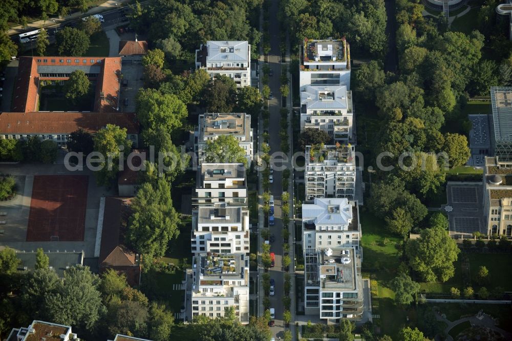 Aerial image Berlin - Residential area of a multi-family house settlement in Clara-Wieck-Strasse in the Tiergarten part of Berlin in Germany. The apartment houses are surrounded by parks and embassies