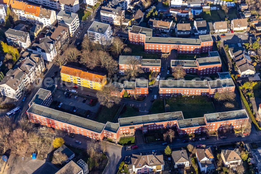 Hagen from above - Residential area of the multi-family house settlement der Cunosiedlung on Albrechtstrasse - Heinrichstrasse in Hagen at Ruhrgebiet in the state North Rhine-Westphalia, Germany