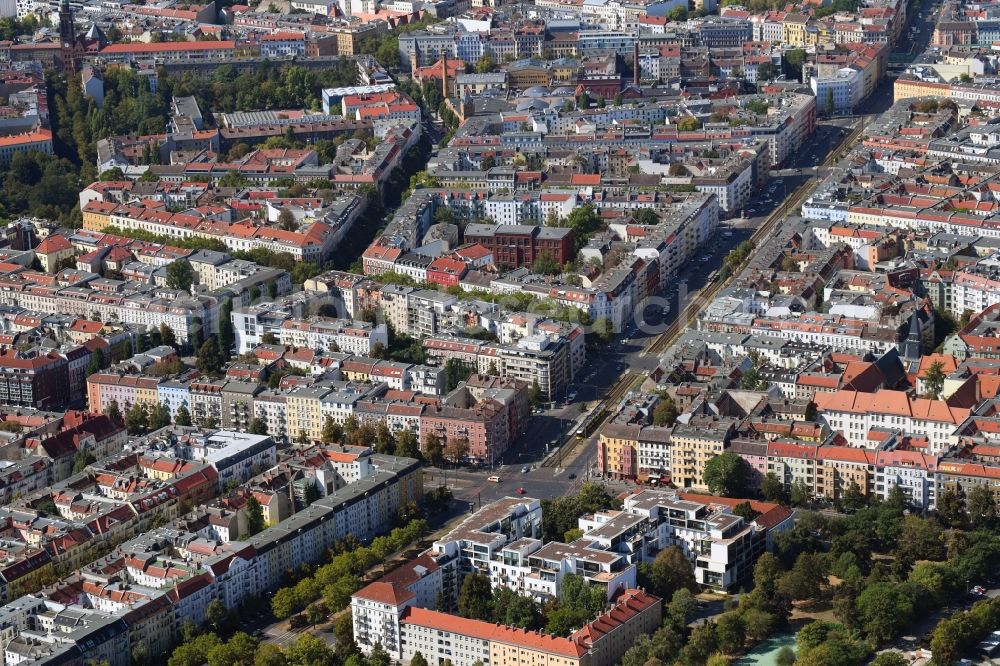 Aerial image Berlin - Residential area of the multi-family house settlement Danziger Strasse corner Prenzlauer Allee in the district Prenzlauer Berg in Berlin, Germany