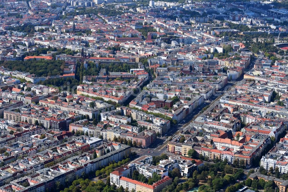 Berlin from above - Residential area of the multi-family house settlement Danziger Strasse corner Prenzlauer Allee in the district Prenzlauer Berg in Berlin, Germany