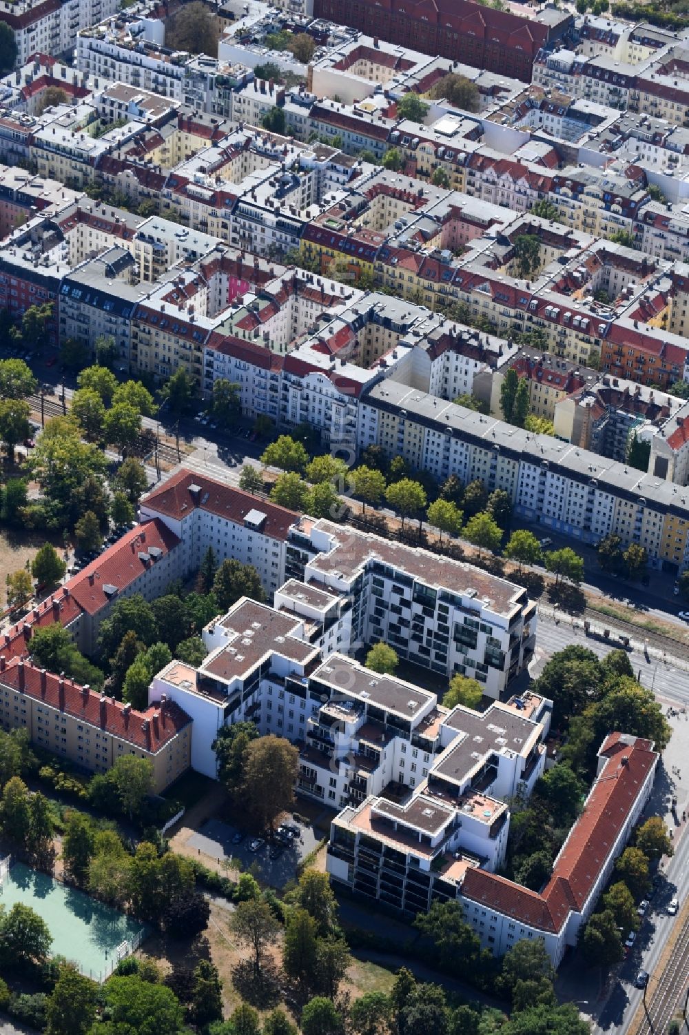 Berlin from above - Residential area of the multi-family house settlement Danziger Strasse corner Prenzlauer Allee in the district Prenzlauer Berg in Berlin, Germany