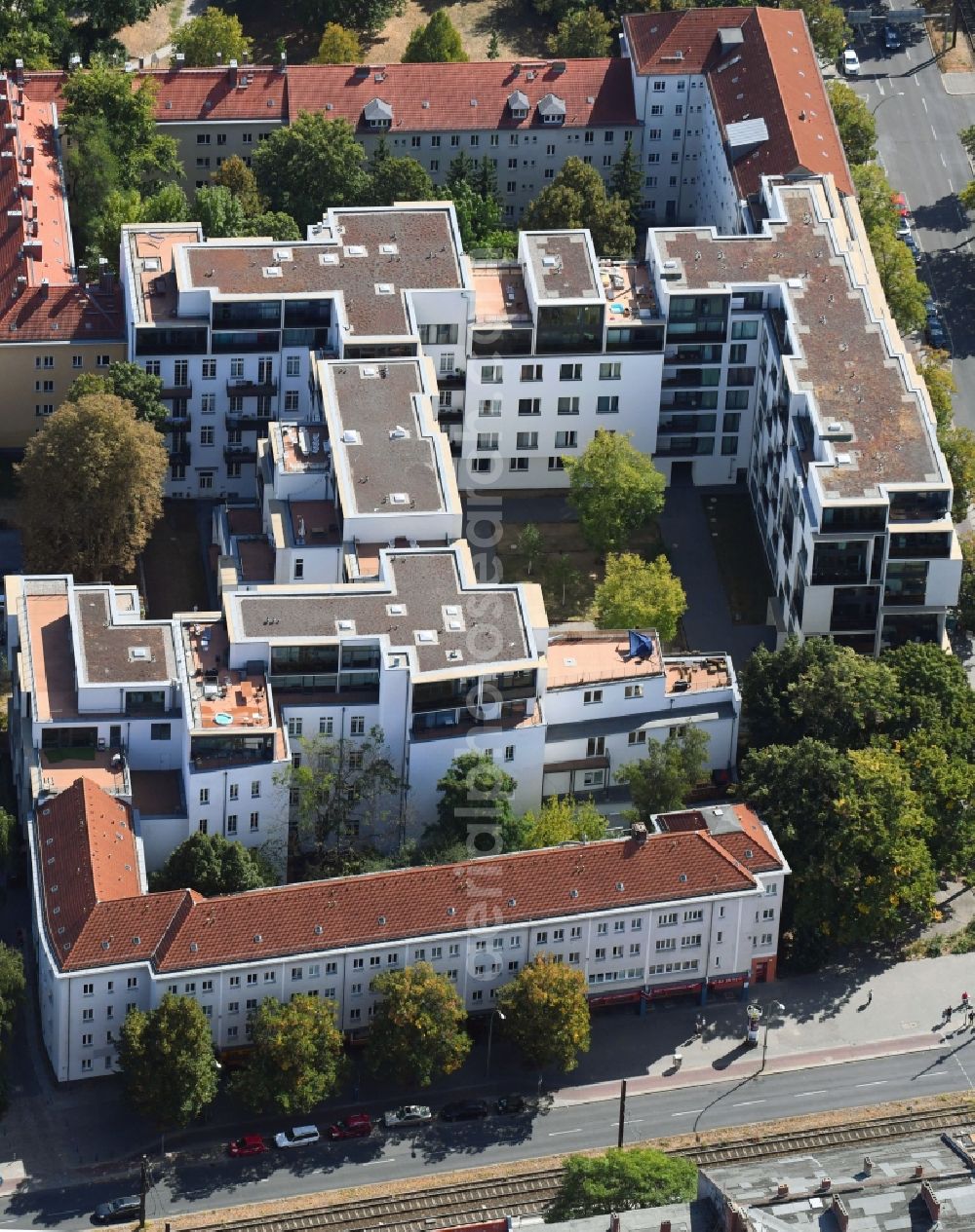 Berlin from above - Residential area of the multi-family house settlement Danziger Strasse corner Prenzlauer Allee in the district Prenzlauer Berg in Berlin, Germany