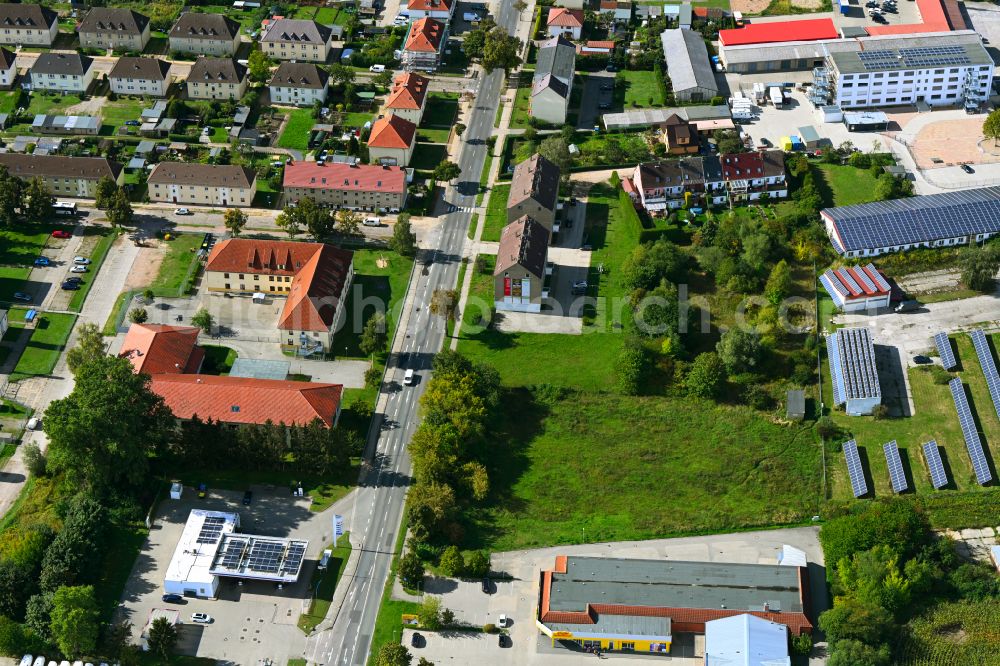 Demmin from above - Residential area of the multi-family house settlement on street Jarmener Strasse in Demmin in the state Mecklenburg - Western Pomerania, Germany