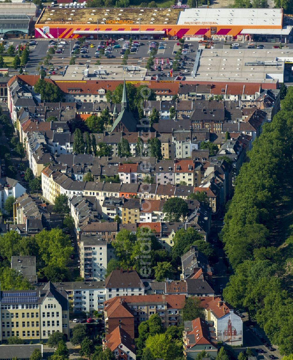 Dortmund from above - Roof and wall structures in residential area of a multi-family house settlement Antonius- Church und Holsteiner Strasse in Dortmund in the state North Rhine-Westphalia