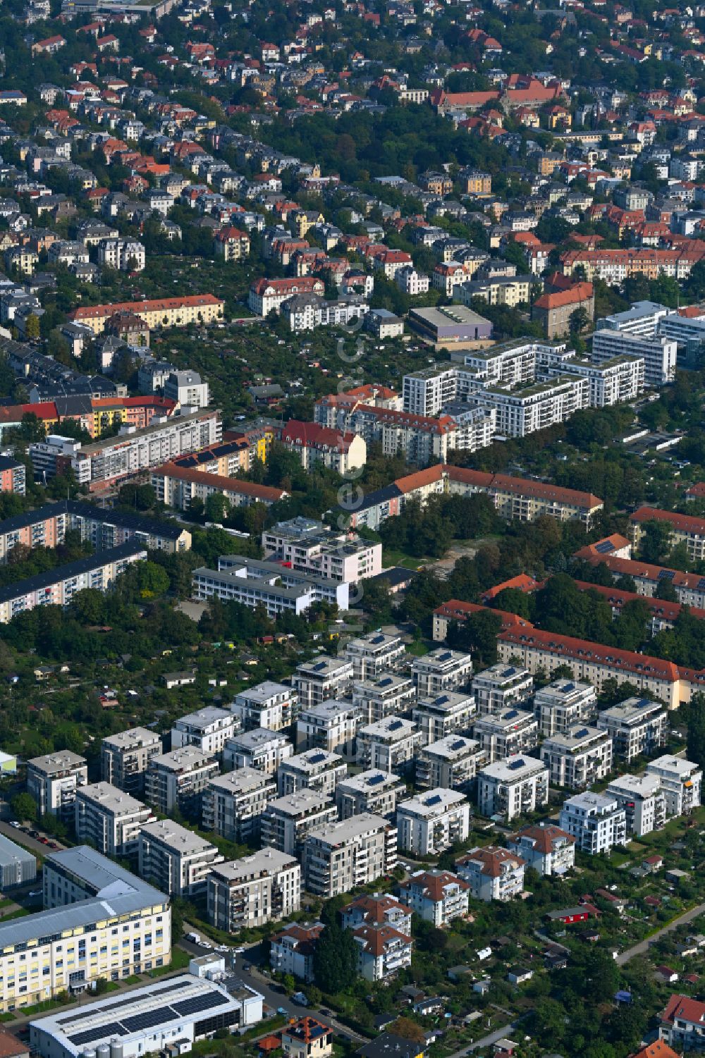 Aerial photograph Dresden - Residential area of the multi-family house settlement on street Elfriede-Lohse-Waechtler-Strasse in the district Striesen in Dresden in the state Saxony, Germany