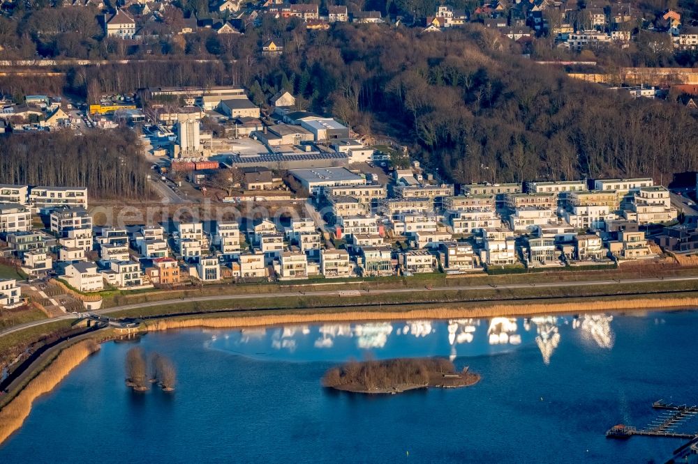 Dortmund from above - Residential area of the multi-family house settlement An den Emscherauen on Phoenix See in Dortmund in the state North Rhine-Westphalia, Germany