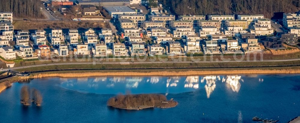 Dortmund from the bird's eye view: Residential area of the multi-family house settlement An den Emscherauen on Phoenix See in Dortmund in the state North Rhine-Westphalia, Germany