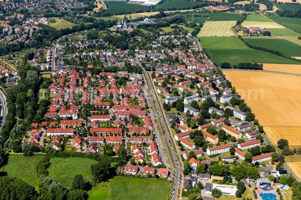 Aerial image Ahlen - Residential area of the multi-family house settlement entlang of Buergermeister-Corneli-Ring in Ahlen in the state North Rhine-Westphalia, Germany