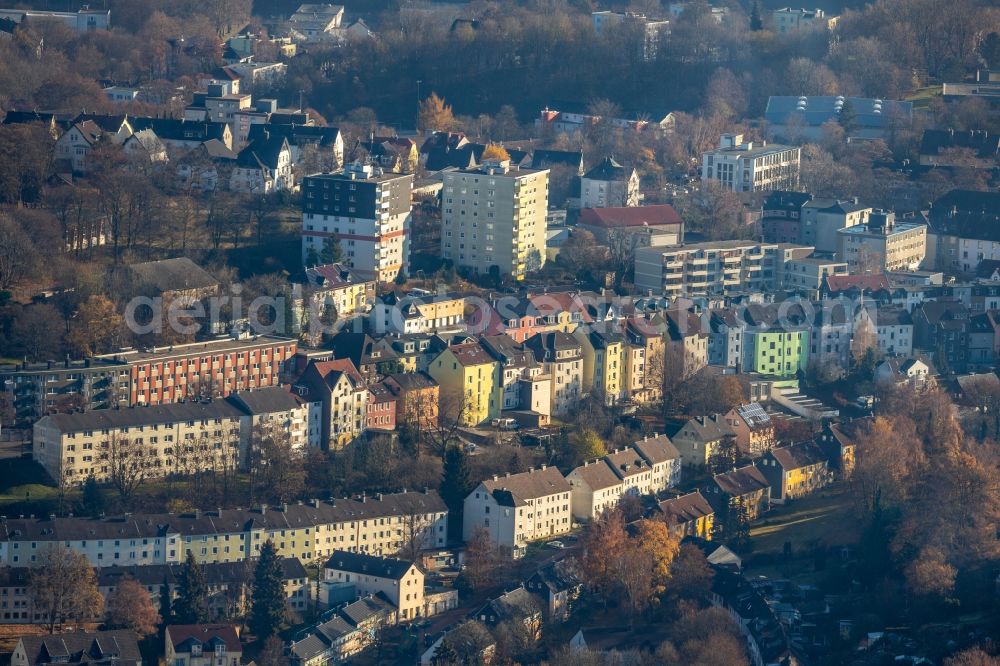 Lüdenscheid from above - Residential area of the multi-family house settlement along the Elsa-Braendstroem-Strasse - Werdohler Strasse in Luedenscheid in the state North Rhine-Westphalia, Germany