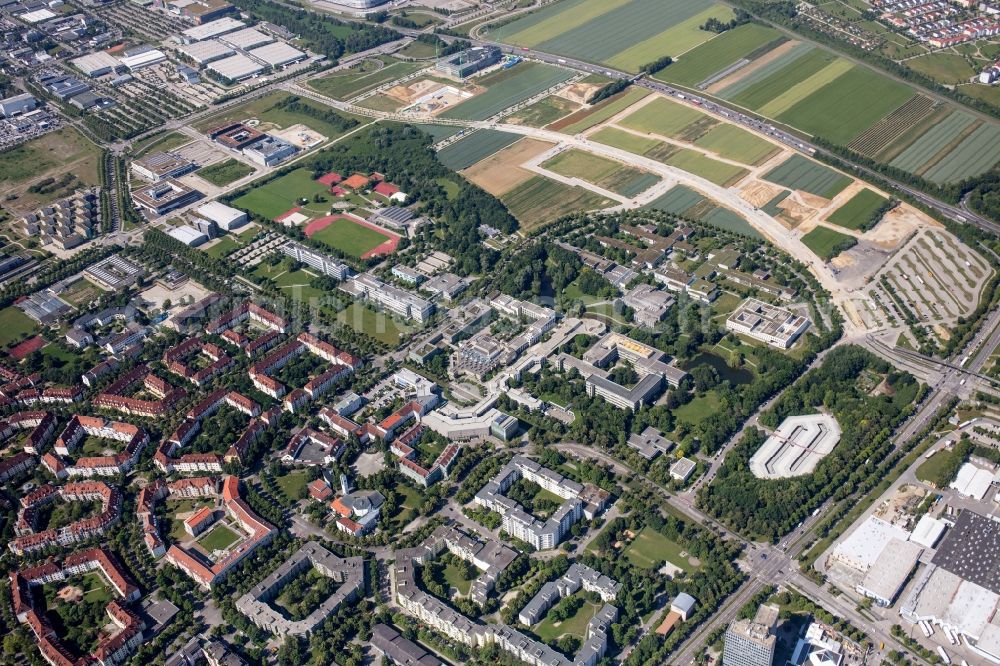 Augsburg from above - Residential area of the multi-family house settlement along the Josef-Priller-Strasse - Professor-Messerschmitt-Strasse in Augsburg in the state Bavaria, Germany