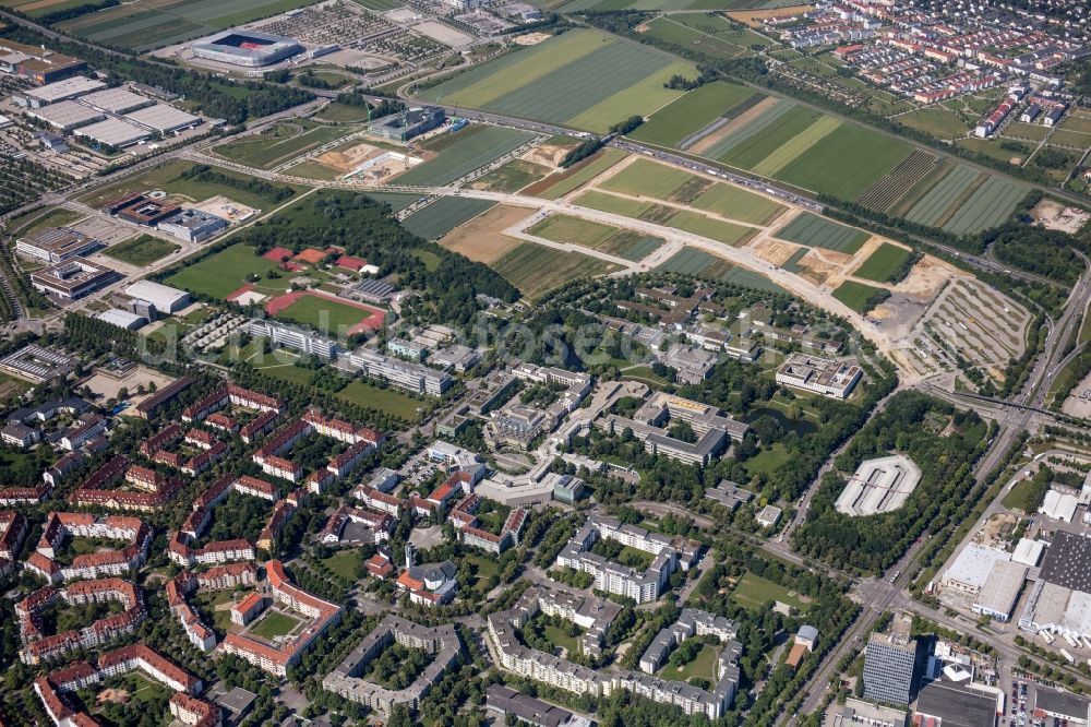 Augsburg from above - Residential area of the multi-family house settlement along the Josef-Priller-Strasse - Professor-Messerschmitt-Strasse in Augsburg in the state Bavaria, Germany