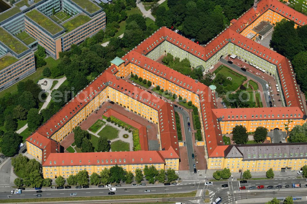 München from above - Residential area of the multi-family house settlement along the Lampadiusstrasse - Dachauer Strasse - Franz-Marc-Strasse in the district Moosach in Munich in the state Bavaria, Germany