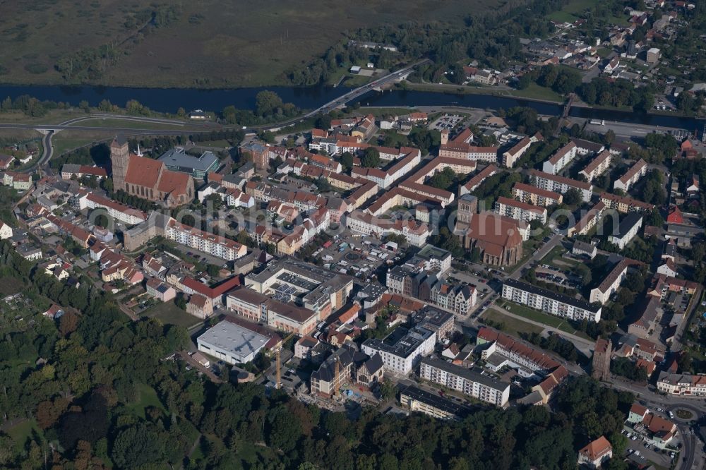 Anklam from above - Residential area of the multi-family house settlement along the Steinstrasse - Keilstrasse and the course of the river Peene in Anklam in the state Mecklenburg - Western Pomerania, Germany