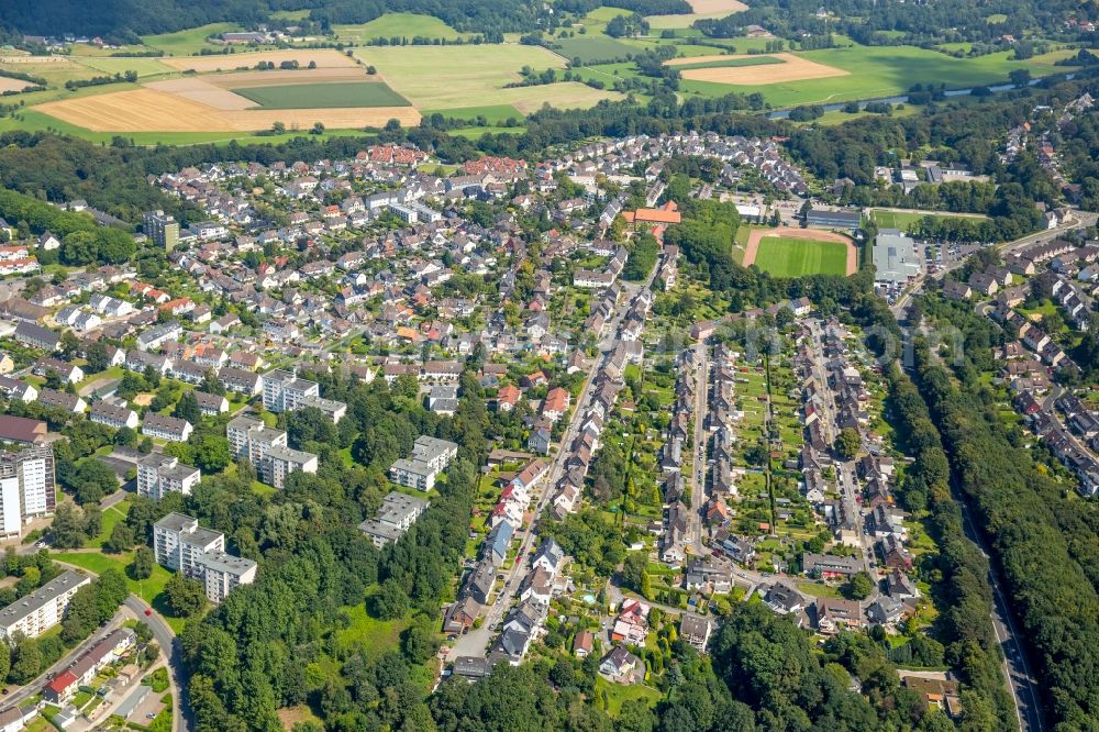 Aerial image Hattingen - Residential area of the multi-family house settlement Gartenstadt Huettenau in Hattingen in the state North Rhine-Westphalia