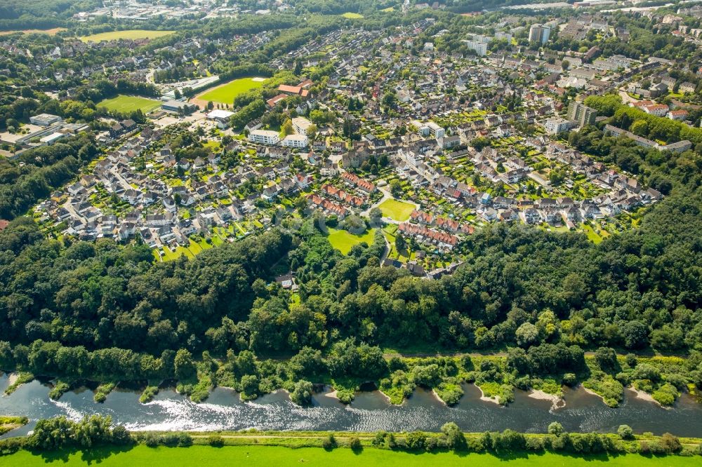 Aerial image Hattingen - Residential area of the multi-family house settlement Gartenstadt Huettenau in Hattingen in the state North Rhine-Westphalia