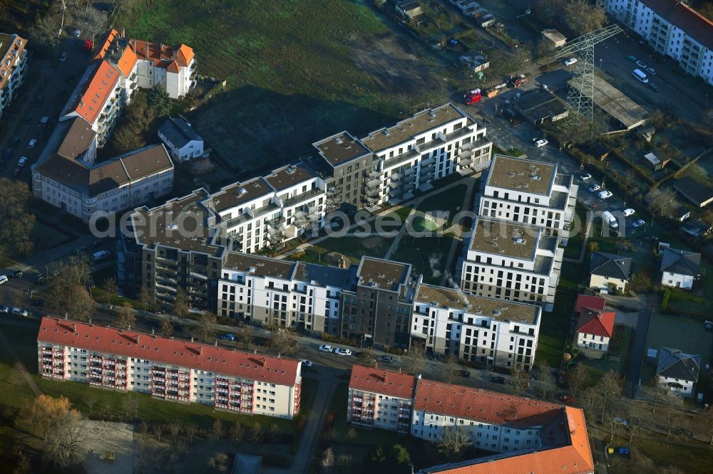 Berlin from the bird's eye view: Residential area of the multi-family house settlement Karla and Horst on Odinstrasse - Rienzistrasse in the district Karlshorst in Berlin, Germany