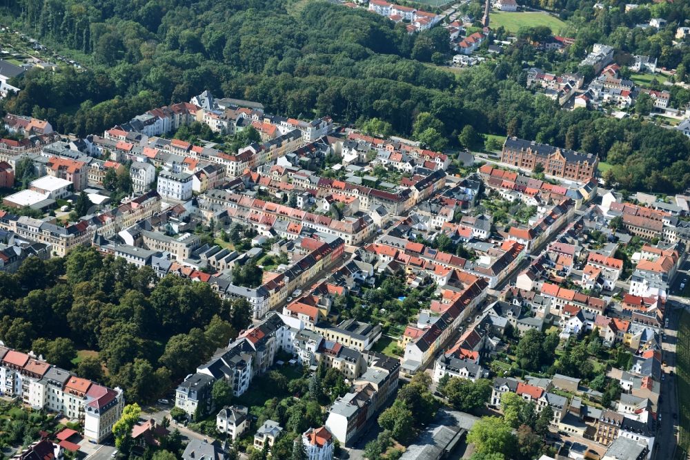 Aerial image Meerane - Residential area of a multi-family house settlement Karlstrasse - Oststrasse in Meerane in the state Saxony