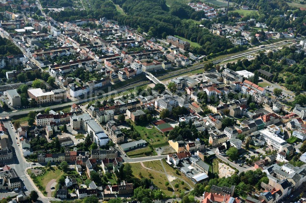 Aerial photograph Meerane - Residential area of a multi-family house settlement Karlstrasse - Oststrasse in Meerane in the state Saxony