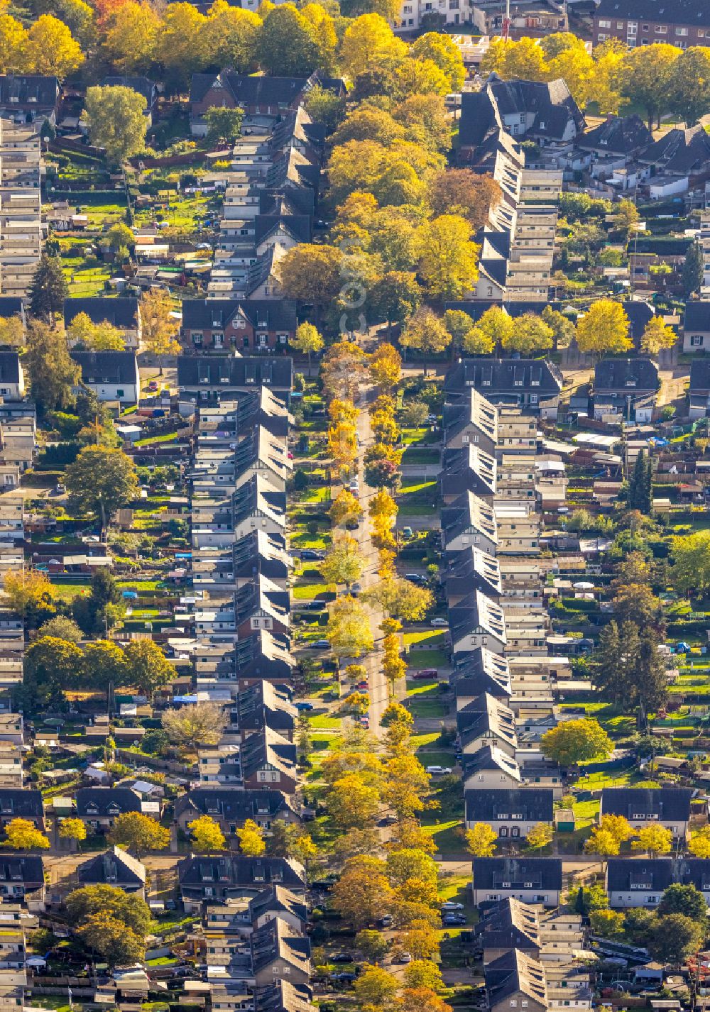 Moers from the bird's eye view: Residential area of the multi-family house settlement Kolonie Meerbeck in Moers in the state North Rhine-Westphalia