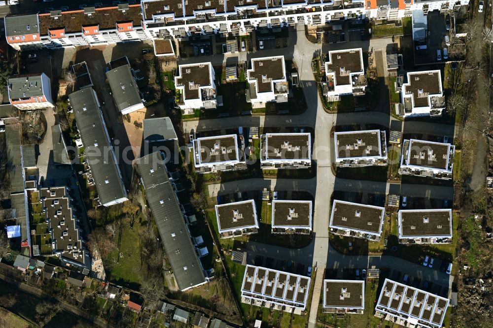 Berlin from the bird's eye view: Residential area of the multi-family house settlement Das Lichtenhain of BUWOG Group in the district Lichtenberg in Berlin, Germany