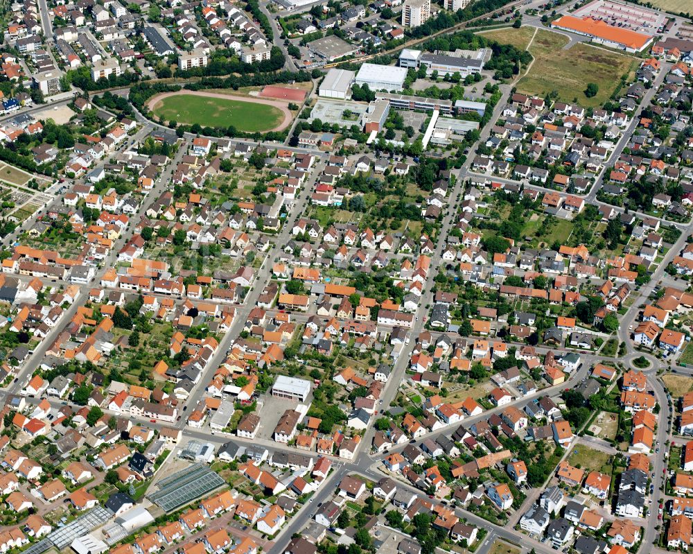 Linkenheim from above - Residential area of the multi-family house settlement in Linkenheim in the state Baden-Wuerttemberg, Germany