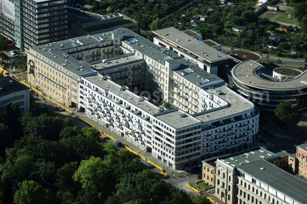 Leipzig from above - Residential area of the multi-family house settlement LKG Carre on street Goldschmidtstrasse - Prager Strasse in Leipzig in the state Saxony, Germany