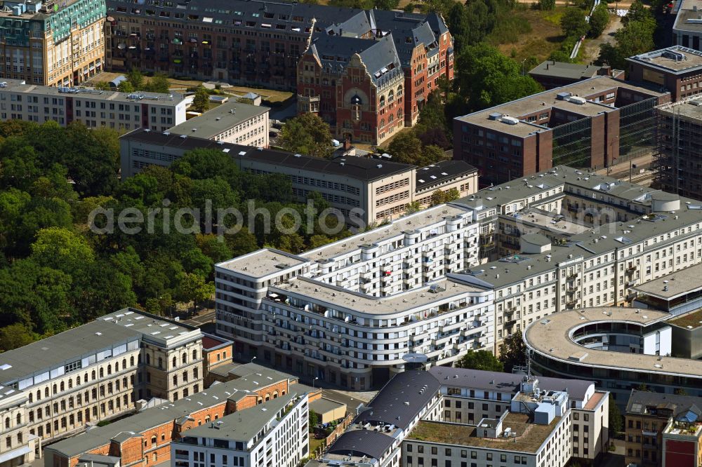 Leipzig from the bird's eye view: Residential area of the multi-family house settlement LKG Carre on street Goldschmidtstrasse - Prager Strasse in Leipzig in the state Saxony, Germany