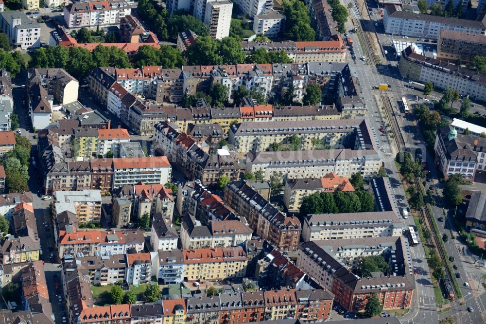 Aerial photograph Mannheim - Residential area of a multi-family house settlement Verschaffelstrasse - Friedrich-Ebert-Strasse in Mannheim in the state Baden-Wuerttemberg