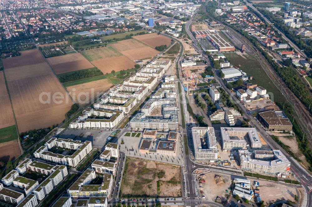 Aerial image Heidelberg - Residential area of the multi-family house settlement on Marie-Baum-Strasse - Gruene Meile - Eppelheimer Strasse in the district Bahnstadt in Heidelberg in the state Baden-Wurttemberg, Germany