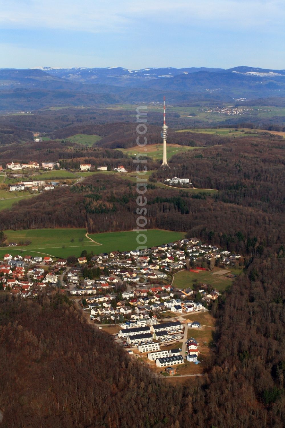 Grenzach-Wyhlen from the bird's eye view: Residential area of a multi-family house settlement in the district Neufeld in Grenzach-Wyhlen in the state Baden-Wuerttemberg. Overlooking the St. Chrischona television tower and the Dinkelberg to the southern Black Forest