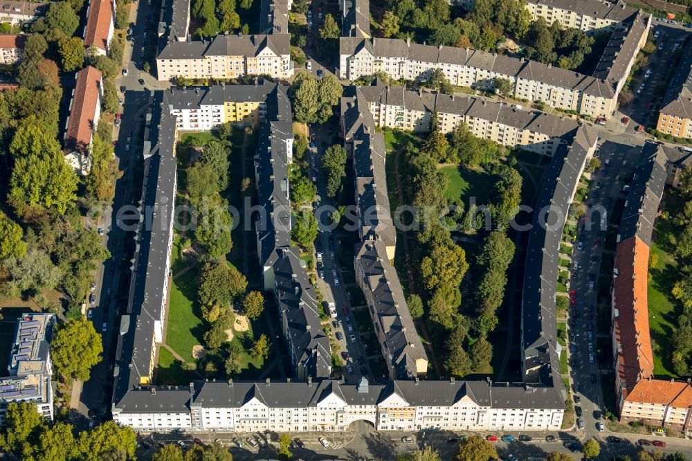 Aerial image Dortmund - Residential area of the multi-family house settlement on neuen Graben in the district Tremonia in Dortmund in the state North Rhine-Westphalia, Germany