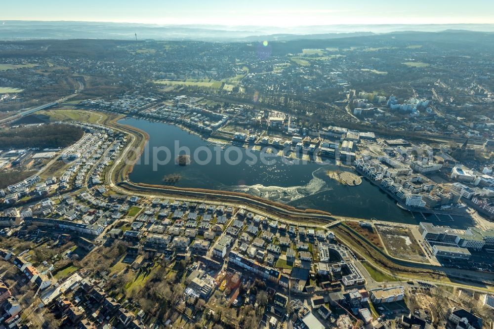 Dortmund from the bird's eye view: Residential area of the multi-family house Settlement at shore Areas of lake Phoenix See in the district Hoerde in Dortmund in the state North Rhine-Westphalia, Germany