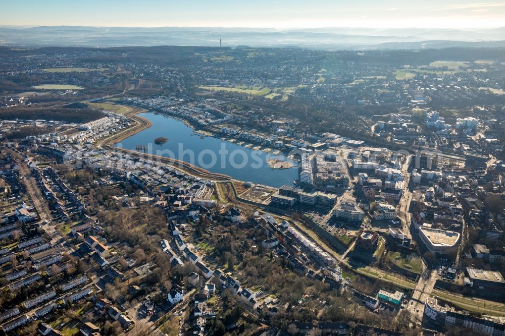 Dortmund from above - Residential area of the multi-family house Settlement at shore Areas of lake Phoenix See in the district Hoerde in Dortmund in the state North Rhine-Westphalia, Germany