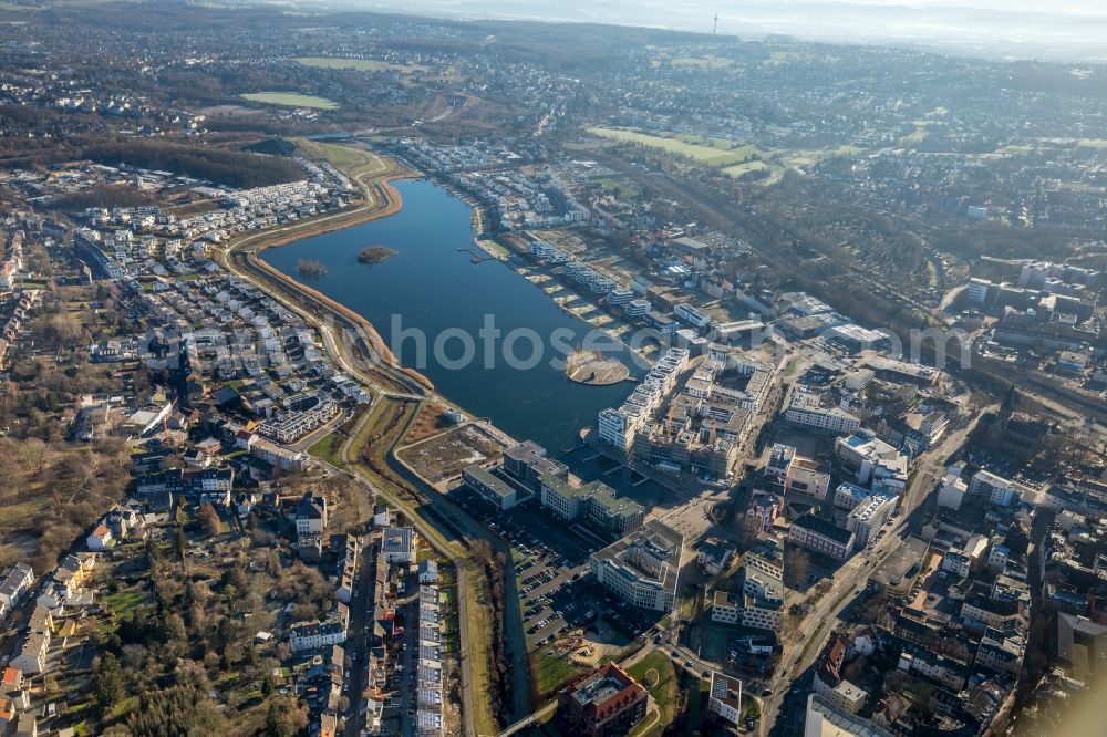 Dortmund from the bird's eye view: Residential area of the multi-family house Settlement at shore Areas of lake Phoenix See in the district Hoerde in Dortmund in the state North Rhine-Westphalia, Germany