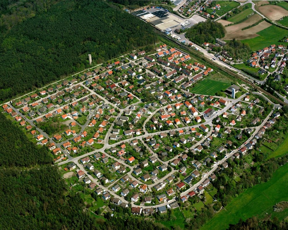 Aerial image Sachsen bei Ansbach - Residential area of the multi-family house settlement in Sachsen bei Ansbach in the state Bavaria, Germany