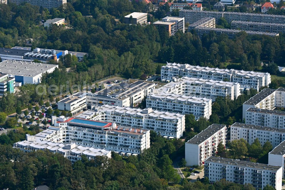 Dresden from above - Residential area of the multi-family house settlement with swimming pool on the roof on street Sagarder Weg in Dresden in the state Saxony, Germany