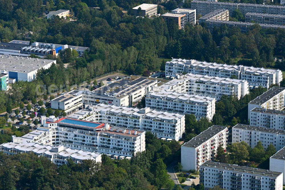 Aerial image Dresden - Residential area of the multi-family house settlement with swimming pool on the roof on street Sagarder Weg in Dresden in the state Saxony, Germany