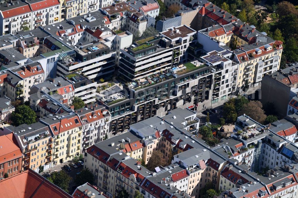 Berlin from above - Residential area of the multi-family house settlement SmartHoming on Pasteurstrasse in the district Prenzlauer Berg in Berlin, Germany