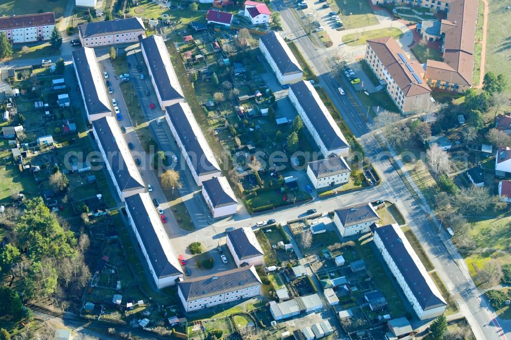 Spremberg from the bird's eye view: Residential area of the multi-family house settlement on Strasse Glueck Auf in Spremberg in the state Brandenburg, Germany