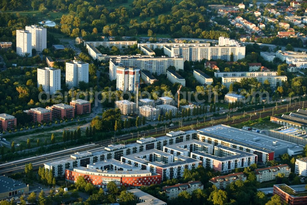 Aerial image Potsdam - Residential area of the multi-family house settlement Am Stellwerk - Zum Wasserturm - Friedrich-Engels-Strasse in Potsdam in the state Brandenburg, Germany