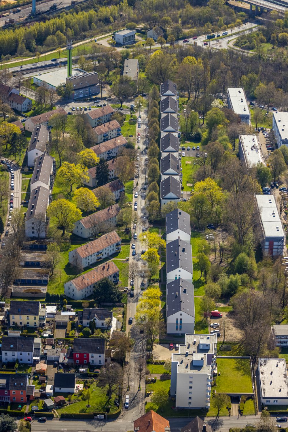 Dortmund from the bird's eye view: Residential area of the multi-family house settlement on Thielenstrasse in the district Insterburg-Siedlung in Dortmund at Ruhrgebiet in the state North Rhine-Westphalia, Germany