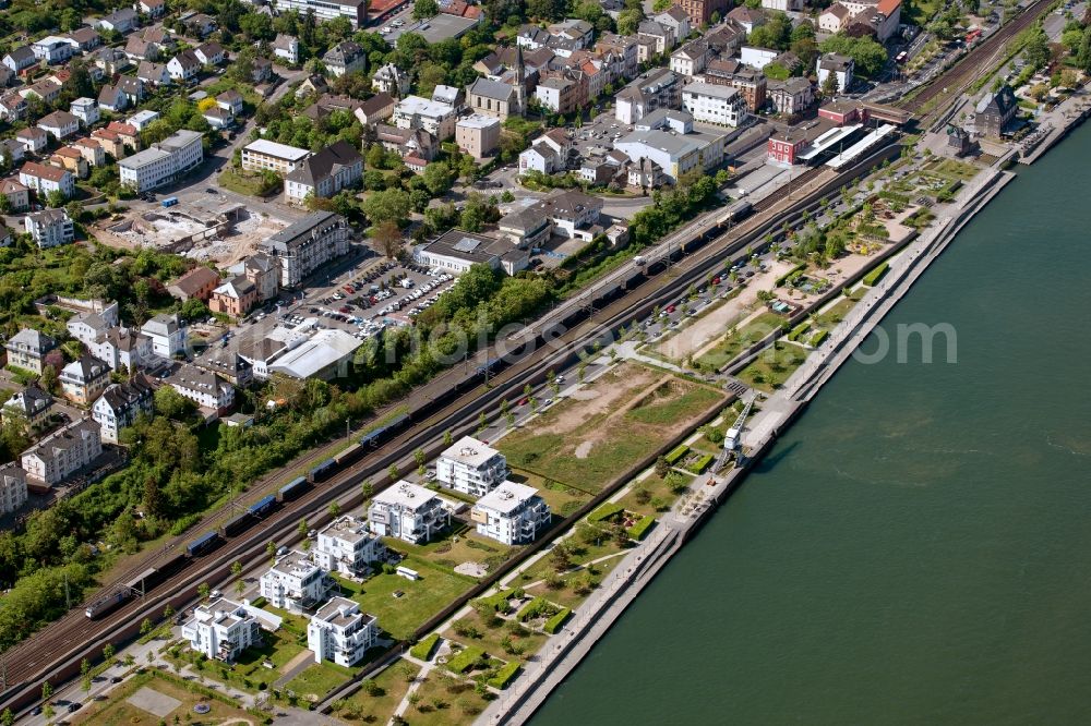 Aerial image Bingen am Rhein - Residential area of a multi-family house settlement on the bank and river of the Rhine river in the district Buedesheim in Bingen am Rhein in the state Rhineland-Palatinate, Germany