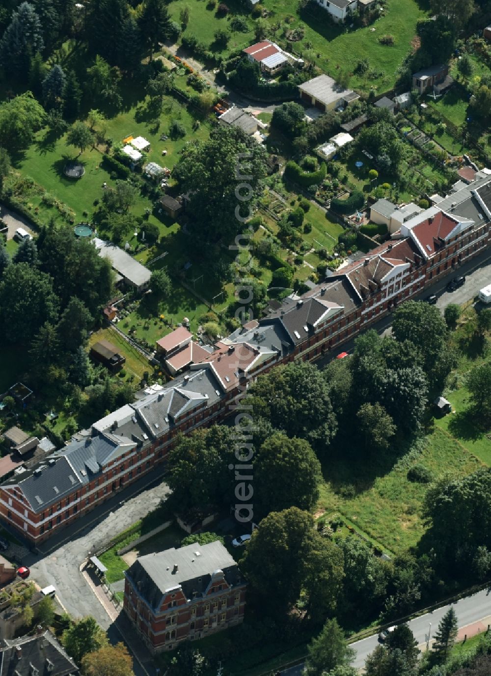 Aerial image Oelsnitz/Vogtl. - Residential area of a multi-family house settlement in the Wiesenstrasse in Oelsnitz/Vogtl. in the state Saxony