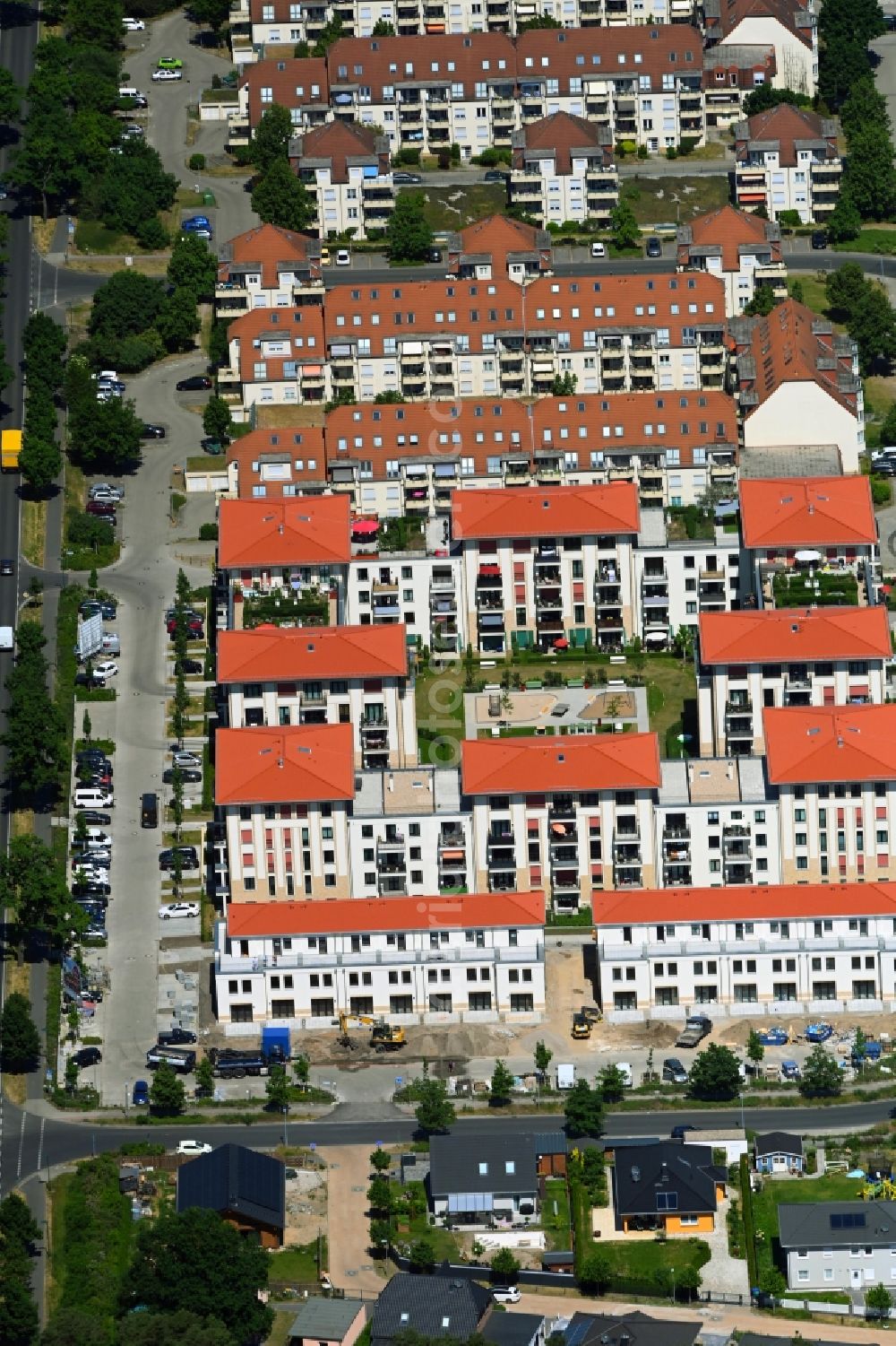 Wildau from above - Residential area of the multi-family house settlement on Rosenanger in Wildau in the state Brandenburg, Germany