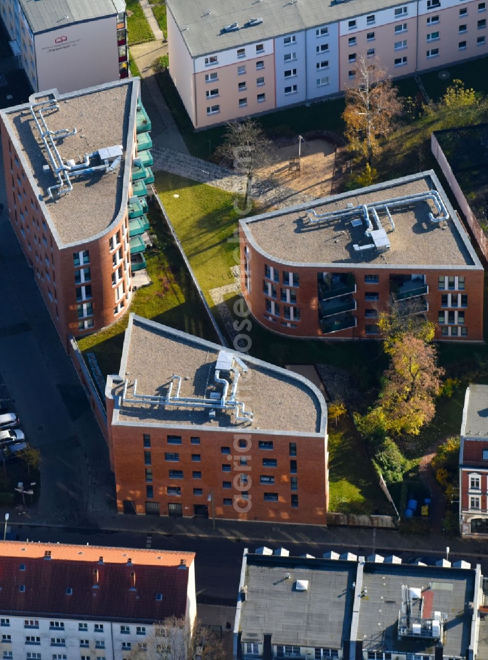 Berlin from above - Residential area of the multi-family house settlement Doerpfeldstrasse in the district Treptow-Koepenick in Berlin, Germany